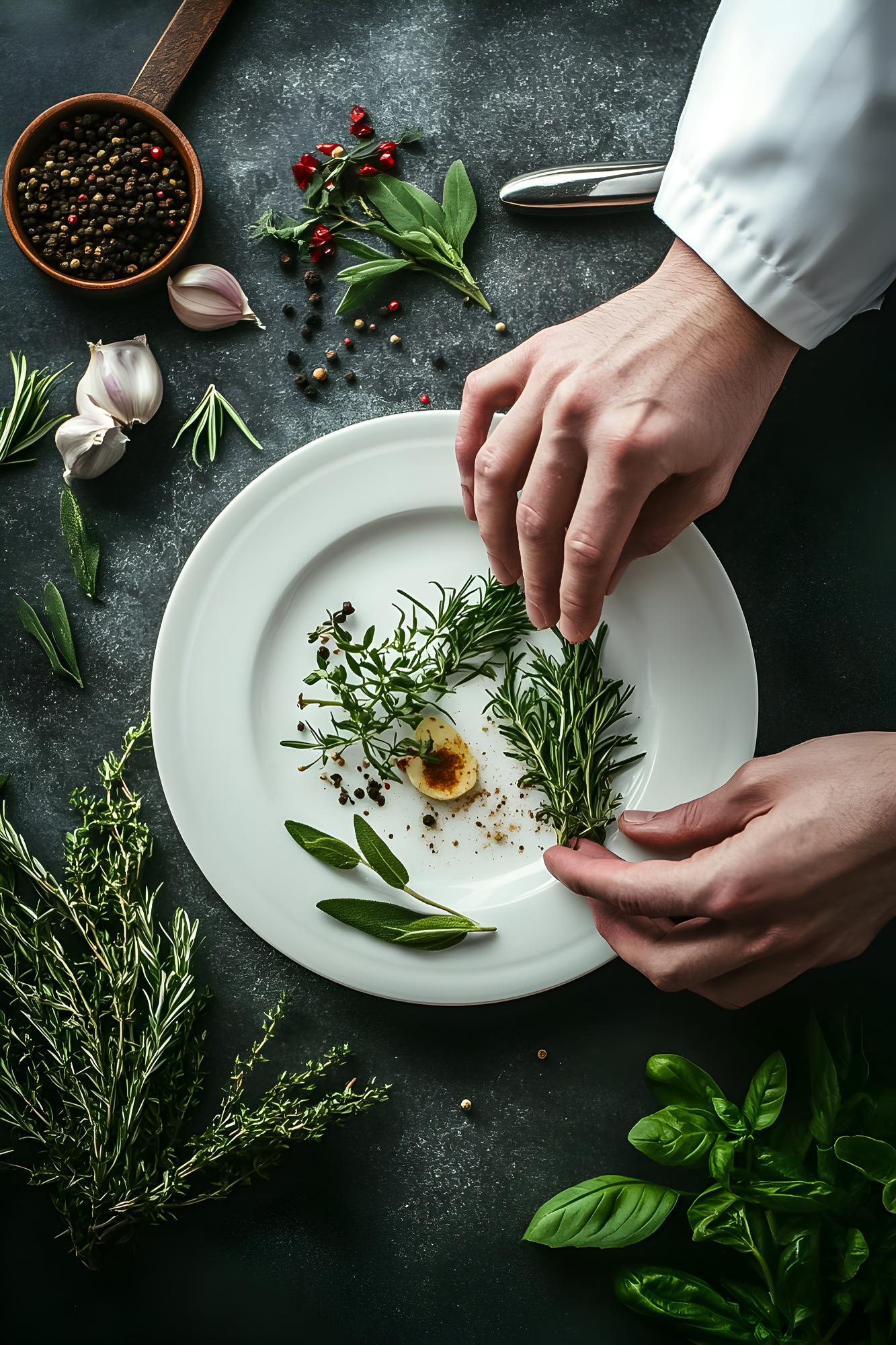 Chef preparing plated dish with herbs